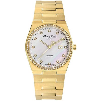 Mathey-Tissot Zeus Diamantaccenten Goudkleurig Roestvrij Staal Parelmoer Wijzerplaat Quartz D118SPYI Dameshorloge parelmoer kleur