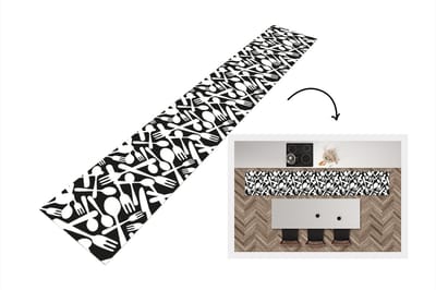 Keukenloper - Loper keuken - Bestek - Patronen - Zwart Wit - 300x50 cm - Keukenloper vinyl