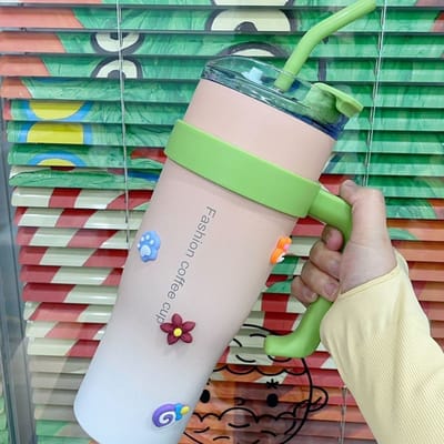 1250ML Blauwe Roestvrijstalen Beker met Rietje Huishoudelijke Koffiekop Thermisch met Handvat Waterfles Keuken Bar Benodigdheden blue