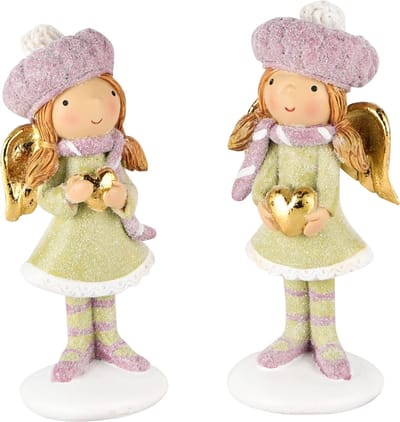 Dekoratief | Wintermeisje staand m/hartje, groen/lila, resina, 4x7x10cm, set van 2 stuks | A245117