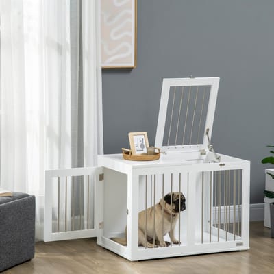 Hondenbench Wit - Kamerkennel - Hondenkooi - Meubel - MDF en Staal - 2 Deuren - Verhoogde Bodem - Kauwbestendig - Woonkamer - 80x50x56,5 cm - 1 Stuk - Wit
