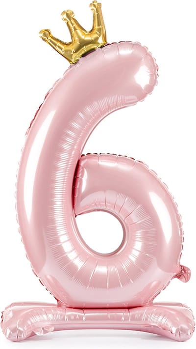 Partydeco - Staande folieballon Cijfer 6 Licht roze met kroon 84 cm