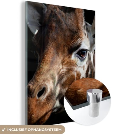 MuchoWow® Glasschilderij 120x160 cm - Schilderij acrylglas - Giraffe - Licht - Zwart - Foto op glas - Schilderijen