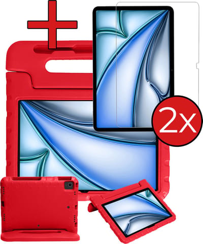 Hoesje - Geschikt voor Apple iPad Air (2024/2025/2026) - 11 inch - Met 2x Screenprotector - Kinderhoes - Shockproof Bumper - Kidsproof Case - Tablethoes - Kinder Hoes Cover - Rood