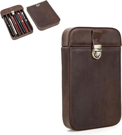 Handgemaakte leren pennenetui voor 6 pennen, stijlvolle pennenopberger en cadeauverpakking, 20.5 x 13 x 3 cm, ideaal voor schrijfliefhebbers en kantooraccessoires