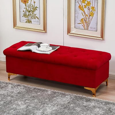 Opbergbank Fluweel - Voetenbank Ottomaans - Ruimte Besparen - Hoge Veerkracht - 60x45x40cm - Rood