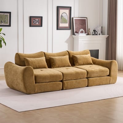 Multifunctionele Chenille Slaapbank – Opvouwbaar – Geschikt voor 3 Personen – Met 3 Kussens en Armleuningen – Comfortabel 3-in-1 Ontwerp – Te Gebruiken als Sofa, Ligstoel en Logeerbed – Ideaal voor Appartementen of Kleine Ruimtes– Geel