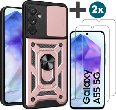 Hoesje met 2 Stuks Screenprotectors Geschikt voor Samsung Galaxy A55 Met draaibare Ringhouder en camera bescherming - Arara backcover - Rosegoud