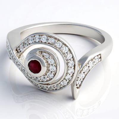 Cavill - Zilveren Ring 925 Sterling met Madagaskar Robijn 0,107 ct en Witte Saffier 0,322 ct - Spiraalvormig Design Damesring 17