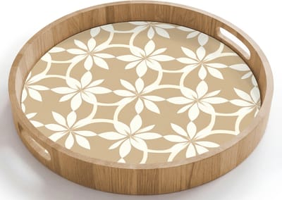 Dienblad rond 40x40 cm - Schootdienblad hout - Bloemen - Patroon - Beige - Borrelplank rechthoek - Plateau houten dienbladen