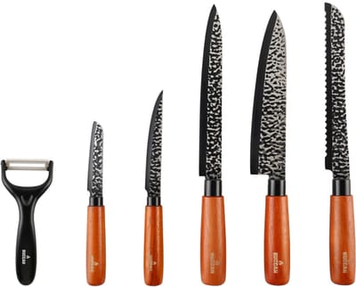 Buccan Cooking - 6-Delige Messenset Zilver Gehamerd met Houten Handvatten