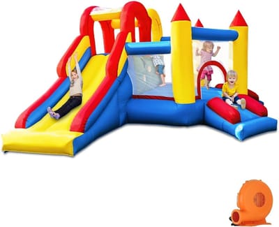 Springkasteel, opblaasbaar springkasteel met lange glijbaan, indoor/outdoor speelplaats, veiligheidsgecertificeerd, meerdere speelplaatsen, voor kinderen van 3-10 jaar, 375 x 305 x 195 cm