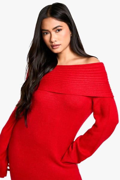 boohoo Dames Premium Oversized Rib Bardot Halslijn Zachte Gebreide Jumper Jurk | Red | Maat: Small
