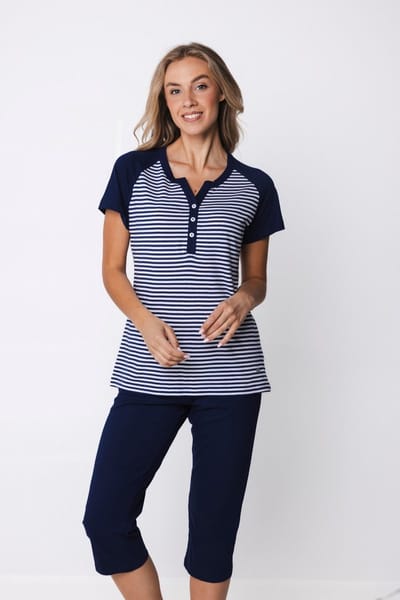 Pastunette - Pyjama - Midnight Stripes - Bio Katoen - Blauw/Wit - Knoopsluiting - Maat 36