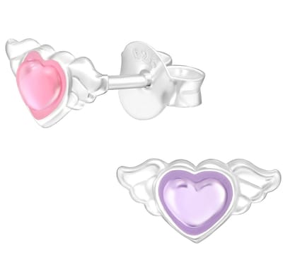 Joy|S - Zilveren hartje oorbellen - met vleugeltjes - paars en roze hartjes - 4 x 9 mm - kinderoorbellen