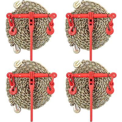 Tendeur de chaîne, Kit d'arrimage 8 mm avec capacité de charge de travail de 2,45 tonnes et deux crochets d'ancrage, Comprend (4) Tendeurs à cliquet - (4) Chaînes de Grade 80 de 6,4 m,