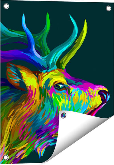 Gards Tuinposter Hertenkop - Hert - Abstract - Kleur - 40x50 cm - Tuindoek - Tuindecoratie - Wanddecoratie buiten - Tuinschilderij