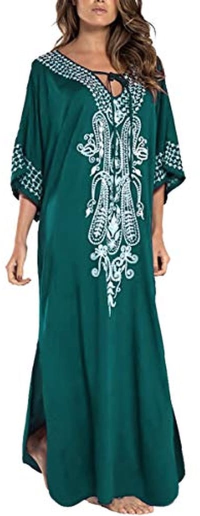Dames Katoenen Kaftan Loungewear Boho Homewear Oversized Kimono Maxi Strandjurk Cover Up Robes Groen