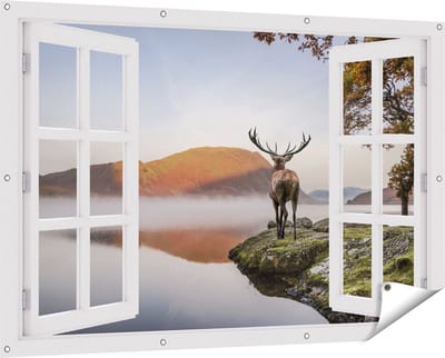 Gards Tuinposter Doorkijk Hert bij een Meer - 150x100 cm - Tuindoek - Tuindecoratie - Wanddecoratie buiten - Tuinschilderij
