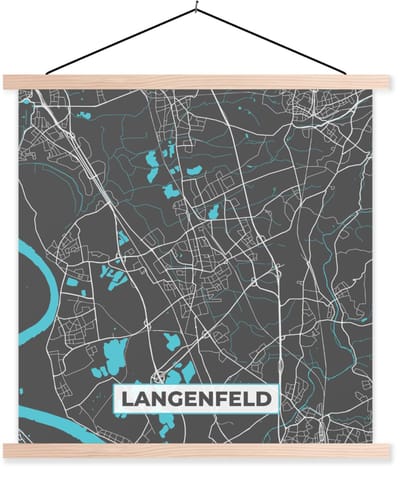 Posterhanger incl. Poster 40x40 cm - Schoolplaat - Blauw – Duitsland – Plattegrond – Stadskaart – Kaart – Langenfeld - Textielposter - Blanke latten - Stadskaart