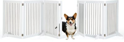 COSTWAY Afsluitrooster voor honden, 6-delig, vrijstaand hondenhek met deur en 4 steunpoten, 80 cm hoog, inklapbaar beschermingsrooster, traprooster van hout en roestvrij staal, voor open haard of