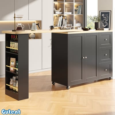 Gutent Eettafel - 360° draaibare hoge tafel - op wielen - met drie laden - Met Snackhouder - Zwart