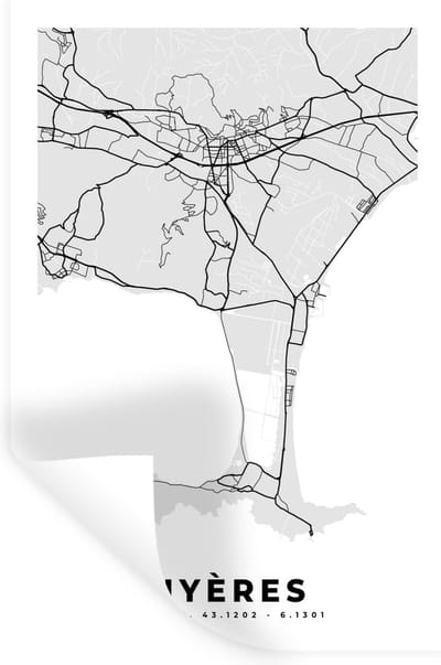 Muurstickers - Sticker Folie - Kaart - Stadskaart - Frankrijk - Hyères - Plattegrond - 20x30 cm - Plakfolie - Muurstickers Kinderkamer - Zelfklevend Behang - Zelfklevend behangpapier - Stickerfolie