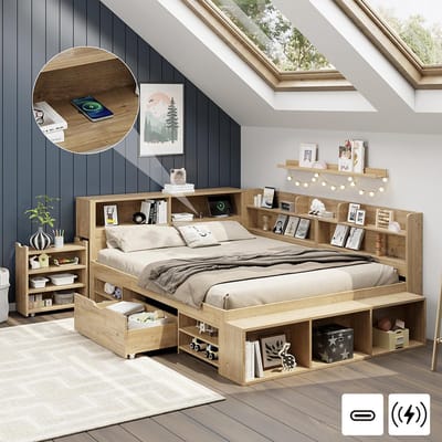 Gutent-Kinderbed 140 x 200 cm-opbergbed-massief houten bed-eenpersoonsbed-laden-planken-opbergkast-zonder matras-natuur