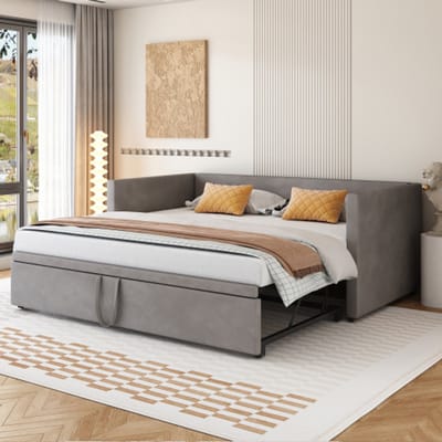 Zubaliya Uitrekbare Slafbank - 90/180x200 cm Grijs - Samtstof - Lattenrooster