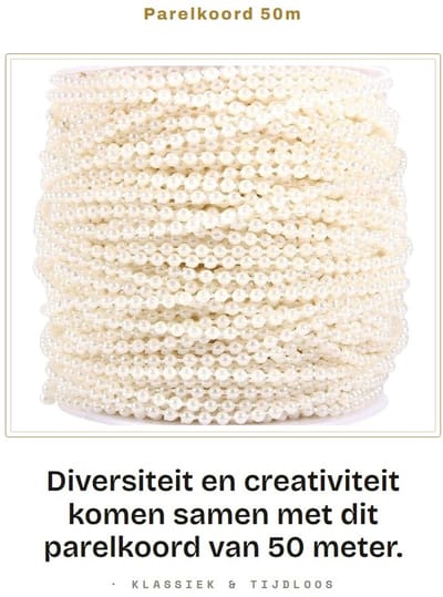 Dailygoods- Parelkoord rol van 50 m - 3 mm kralen - Bruiloftdecoratie - DIY decoratie - Kralen voor boeketten - Kunststof kralen - Aanpasbare lengte - Kralenkoord