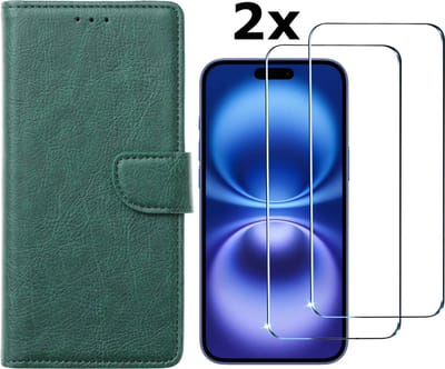 Hoesje Geschikt voor iPhone 16 hoesje bookcase met 2 stuks screenprotectors – Groen