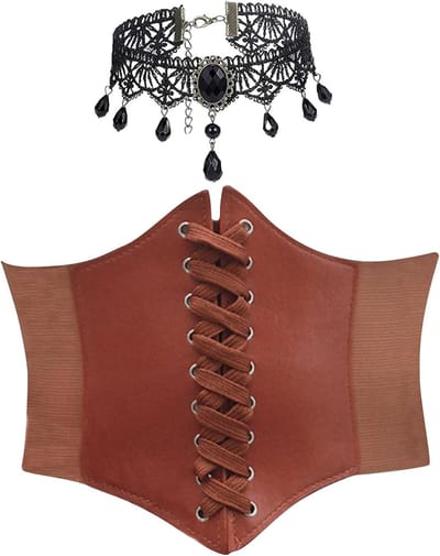 2-delige corset set voor vrouwen met gothic sieraden, middeleeuwse kleding, piratenkostuum en korsetriem, inclusief kant choker en accessoires