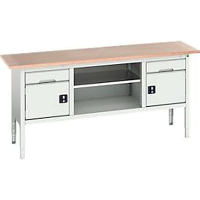 Bott verso werkbank in boxmodel, multiplexplaat, 2 laden, 2 deuren, 1 legplank, B 2000 x D 600 x H 830 - 930 mm, lichtgrijs