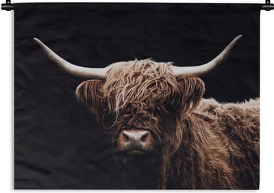 Wandkleed - Wanddoek - Schotse Hooglander - Zwart - Hoorn - 60x45 cm - Wandtapijt