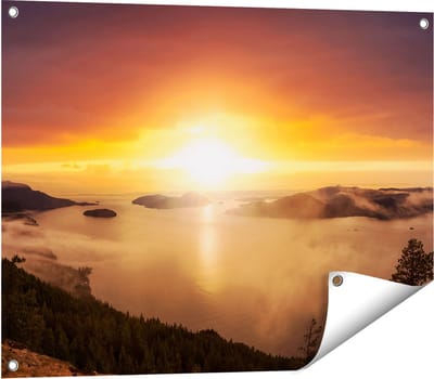 Gards Tuinposter Zonsondergang in de Bergen met Wolken - 80x60 cm - Tuindoek - Tuindecoratie - Wanddecoratie buiten - Tuinschilderij