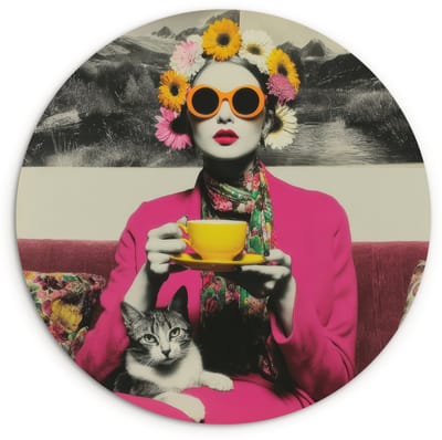 WallCircle® Wandcirkel 120x120 cm - Muurcirkel Vrouw - Kat - Bloemen - Kopje - Retro - Muurdecoratie woonkamer - Wanddecoratie slaapkamer - Kamer decoratie accessoires - Ronde schilderijen XXL