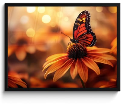 Poster in lijst - Fotolijst 70x50 cm - Posters - Vlinder - Bloemen - Oranje - Posterlijst zwart - Decoratie - Wanddecoratie woonkamer - Muurdecoratie slaapkamer