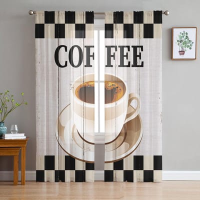 Koffie Retro Houtnerf Ruit Transparante Gordijnen voor Woonkamer Decoratie Raamgordijnen voor Keuken Tule Voile Organza Gordijnen W135 x H115cm x1 white