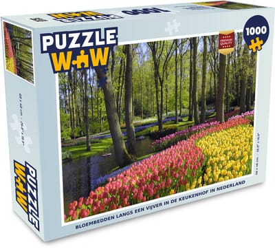 Puzzel Bloembedden langs een vijver in de Keukenhof in Nederland - Legpuzzel - Puzzel 1000 stukjes volwassenen