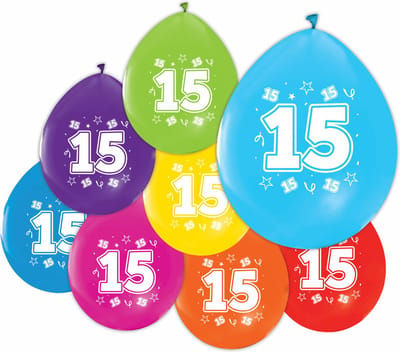 16 Ballonnen 12″ 2 Zijdig bedrukt 15 jaar - Versiering Slinger Feestdecoratie Decoratie Verjaardag Jubileum Ballon Feest