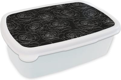 Broodtrommel Wit - Lunchbox - Brooddoos - Rozen - Zwart Wit - Patroon - 18x12x6 cm - Volwassenen
