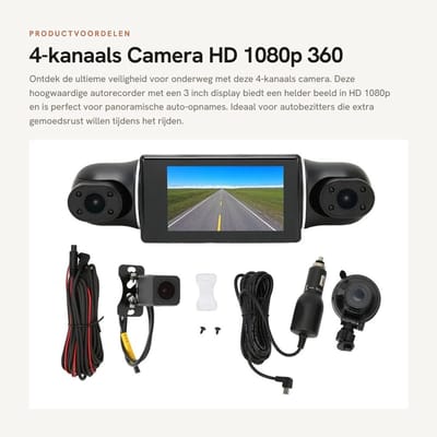 Dailygoods- Autorecorder 4-kanaals - HD 1080P - 3 Inch Display - Bewegingsdetectie - G-sensor - Panoramische Auto-opname - Dashcam