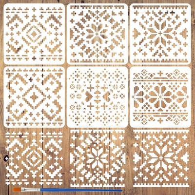 6 Stuks Pixel Geometrische Schildertemplate met Kwast, 6 x 6 Stijlen voor Hout, Muur en Stof Decoratie