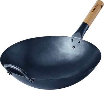 Traditionele Koolstofstaal Wok 36 cm Hand Gehamerd Ronde Bodem Inclusief Bamboe Handvat
