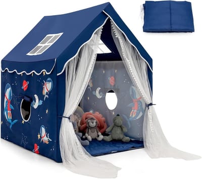 COSTWAY Kindertent, Speelhuis Kinderen Binnen met Mat & Gordijn, Speeltent Kinderspeelhuis voor Jongens en Meisjes (Blauw)