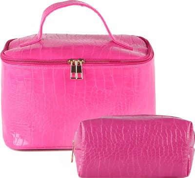 Nouka Fuchsia Roze Dames & Meisjes Toilet Etui Set - Toilettas – Krokodillen Patroon - Beauty Case – Make Up Tas / Tasje – Grote Inhoud - PU Leer – Klein – Cadeau voor Vrouwen - Cadeau voor Kinderen – Cadeau voor Meisjes