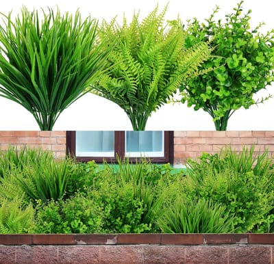 18PCS Outdoor Artificial Fern Plants - UV Resistant Green Shrubs - Faux Plastic Plants for Window Container Planter - Hanging Basket Home Garden Decorating (Mixed)