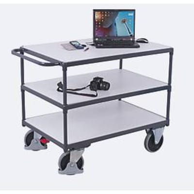 Zware ESD-tafelwagen, staal/spaanplaat, grafietgrijs/lichtgrijs, 3 etages, L 1000 x B 600 mm, TPE-wielen met EasySTOP, tot 500 kg