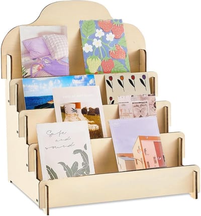 5-laags displaystandaard voor wenskaarten, houten displaystandaard voor ansichtkaarten, draagbare displaystandaard, ansichtkaartenhouder voor fotokaarten, toonbank, wenskaarten