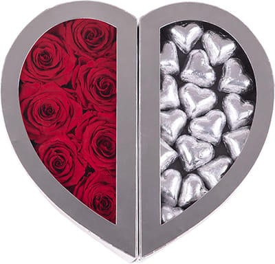 Chocolade box Lois zilver rood - Rosuz - Luxe Cadeaudoos voor Valentijnsdag voor Mannen - Romantisch Cadeau voor Hem met Premium Rode Rozen - Lange Houdbaarheid - Perfect Valentijnscadeautje voor Hem